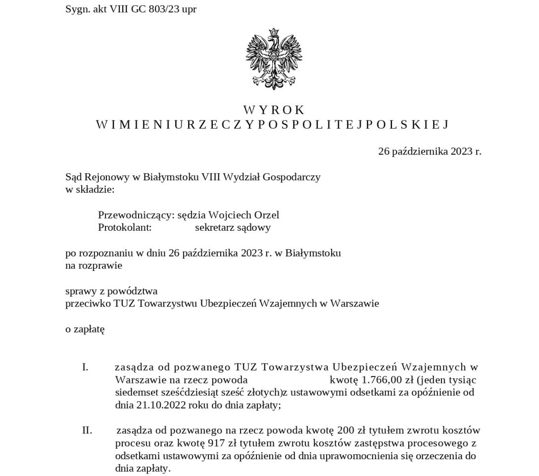 Wyrok Sądu Rejonowego w Białymstoku z dnia 26.10.2023 r. o odpowiedzialności agenta ubezpieczeniowego